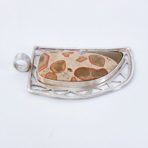 Vintage Sterling Silver 950 Openwork Frame Leopard Jasper Pendant - Picture 3 of 8
